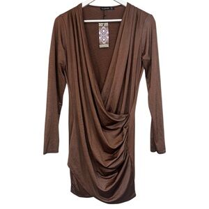 Boohoo Brown Slinky Long Sleeve Dress Size 14 US Womens